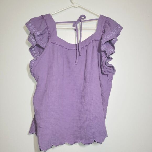White Birch Purple Gauzy Ruffle Sleeve Scallop Top 1X - Picture 5 of 9